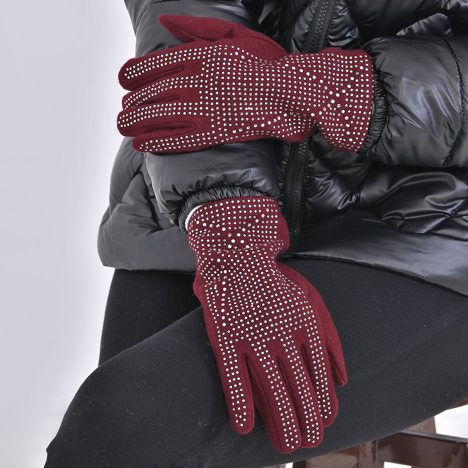 70% Cashmere Double Layer Gloves with Warm Fleece Interior - Burgundy