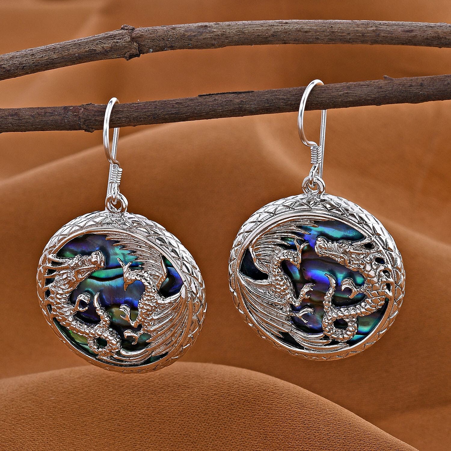 Royal Bali Collection - Abalone Shell Dragon Earrings in Sterling Silver 17.20 Ct, Silver Wt. 12.39 Gms