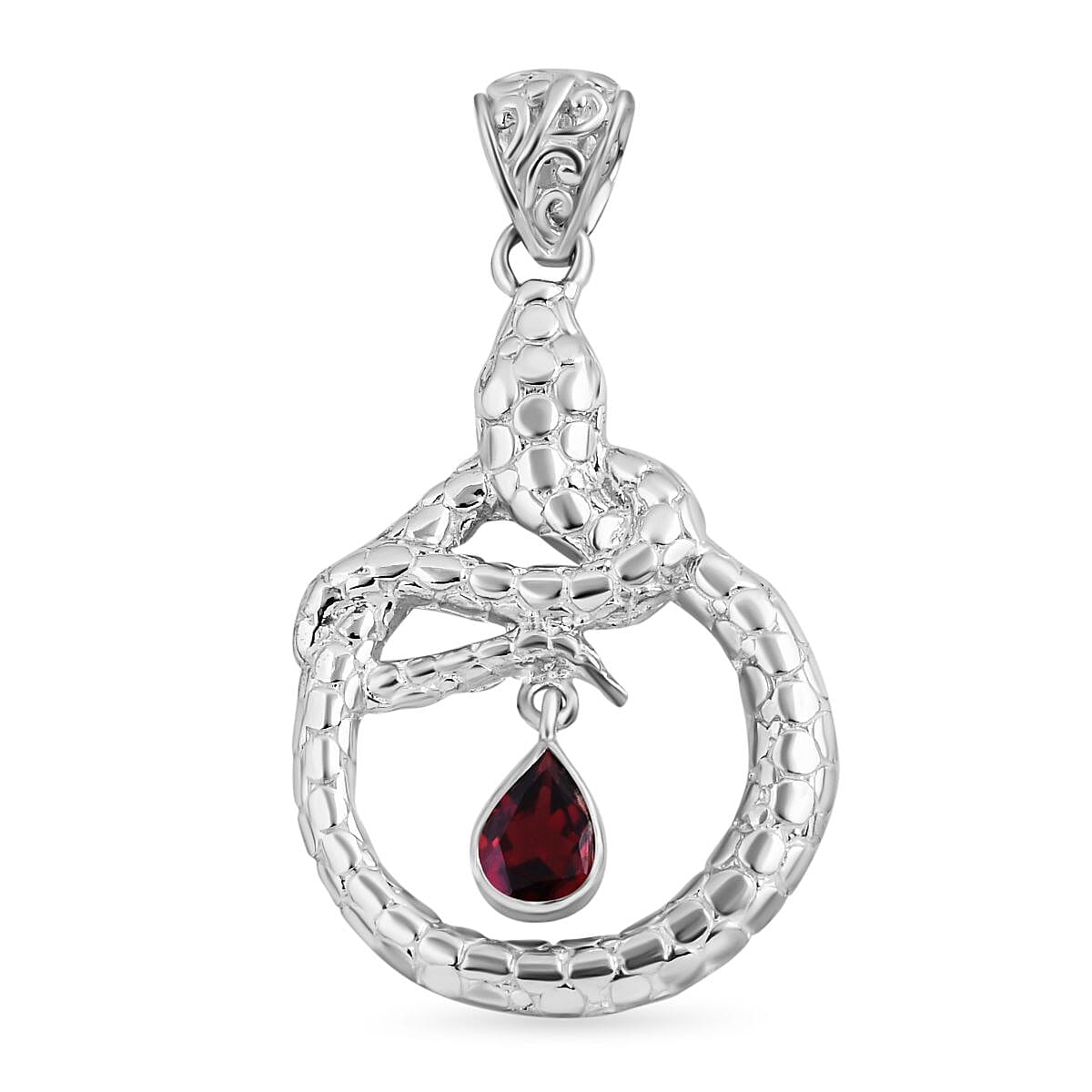 Royal Bali Collection - Red Garnet Solitaire Snake Pendant in Sterling Silver