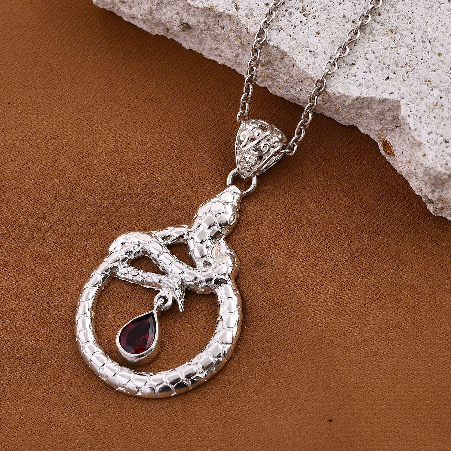 Royal Bali Collection - Red Garnet Solitaire Snake Pendant in Sterling Silver