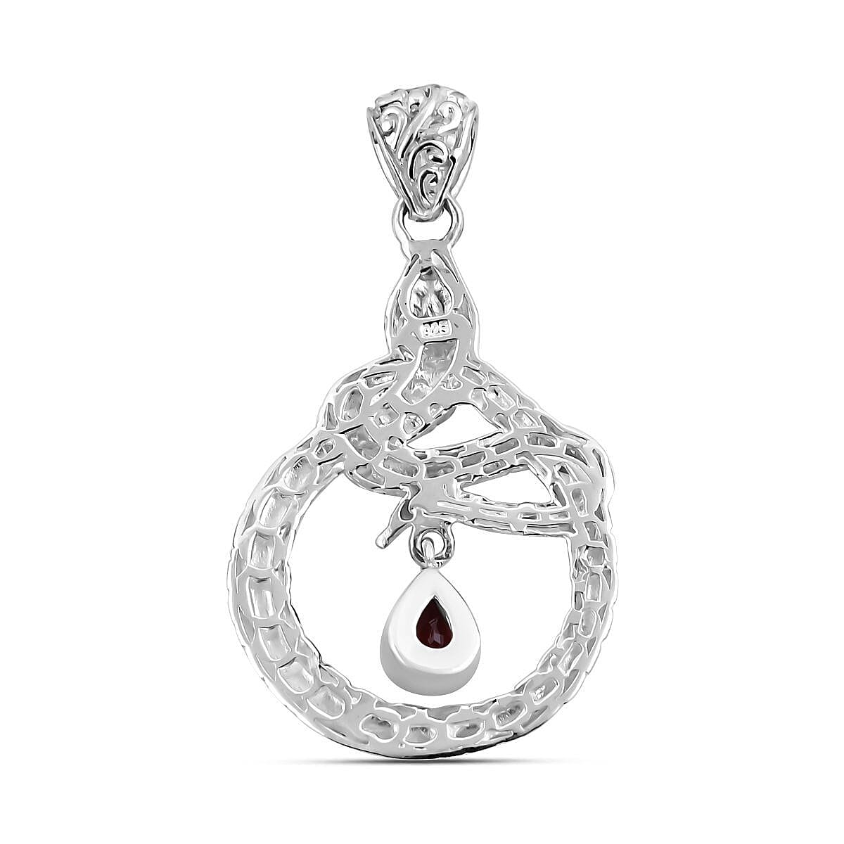 Royal Bali Collection - Red Garnet Solitaire Snake Pendant in Sterling Silver