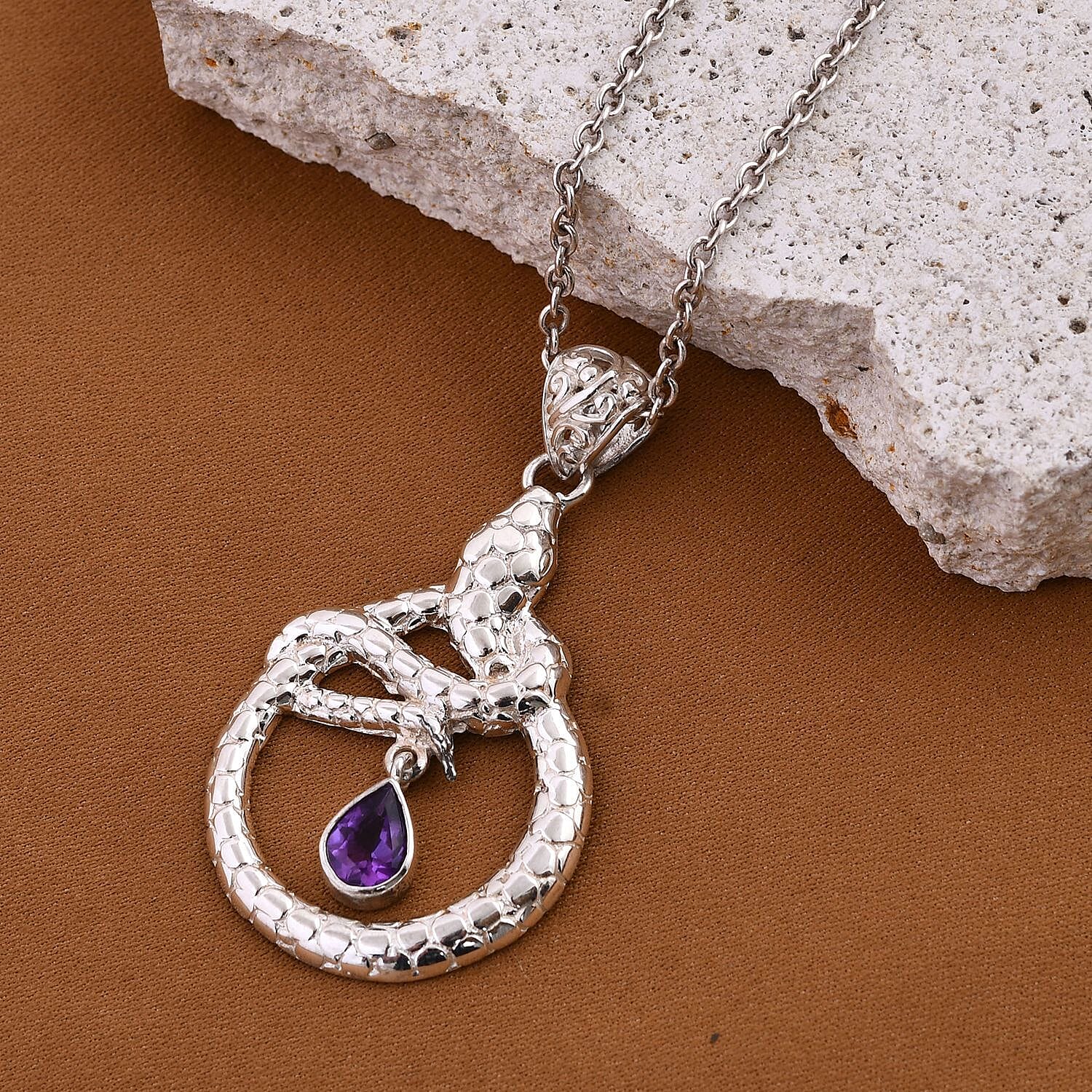 Royal Bali Collection - Amethyst Solitaire Snake Pendant in Sterling Silver