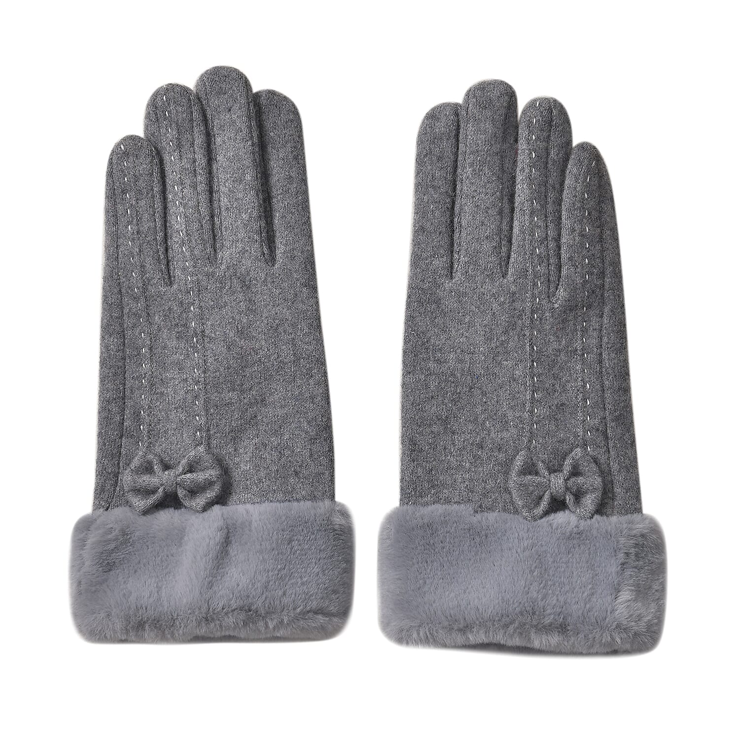 LUXURY GIFT MEGA OFFER- Cashmere Double Layer Gloves with Warm Fleece Interior & Faux Fur Trim (Touch Screen Usable) - Grey