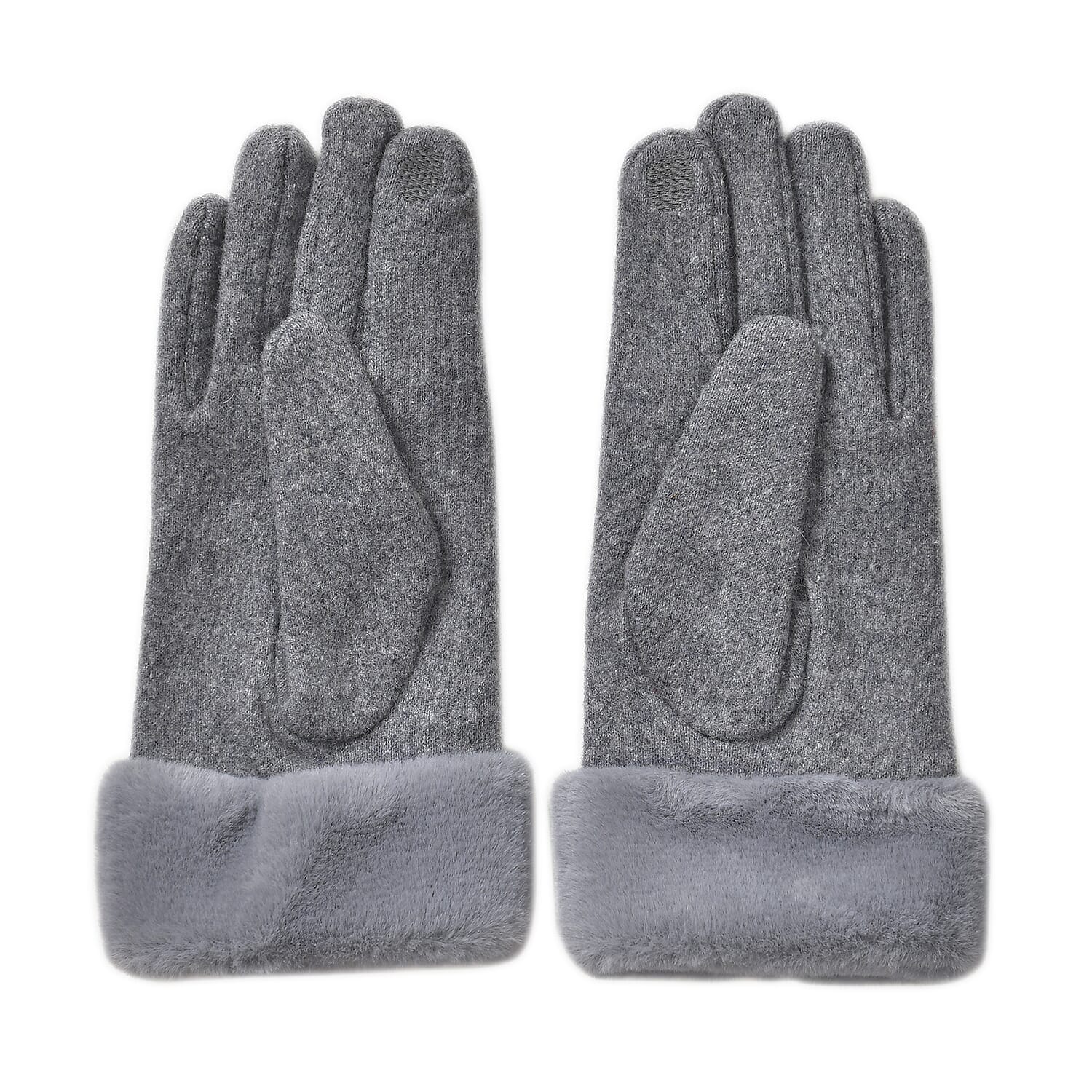 LUXURY GIFT MEGA OFFER- Cashmere Double Layer Gloves with Warm Fleece Interior & Faux Fur Trim (Touch Screen Usable) - Grey