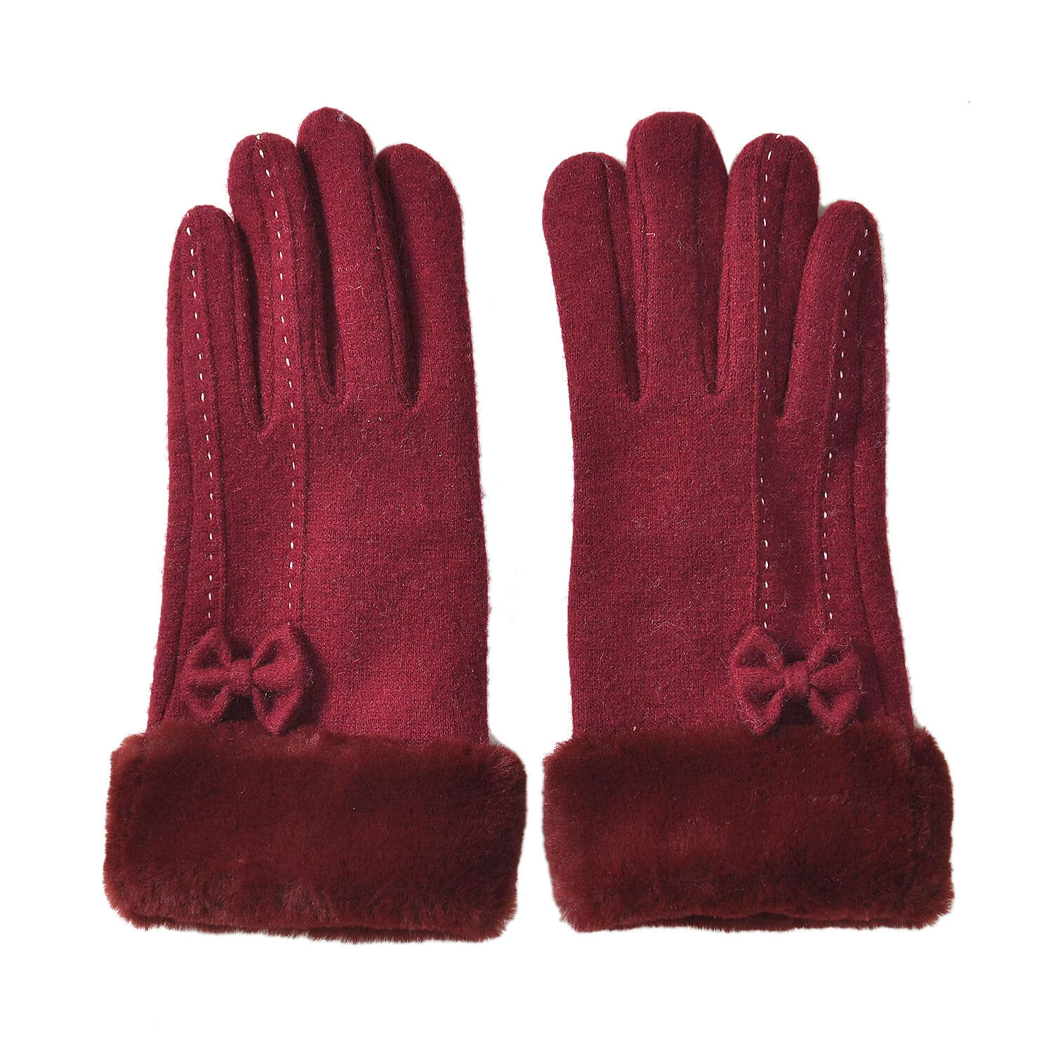 70% Cashmere Double Layer Gloves with Warm Fleece Interior & Faux Fur Trim (Touch Screen Usable)- Red