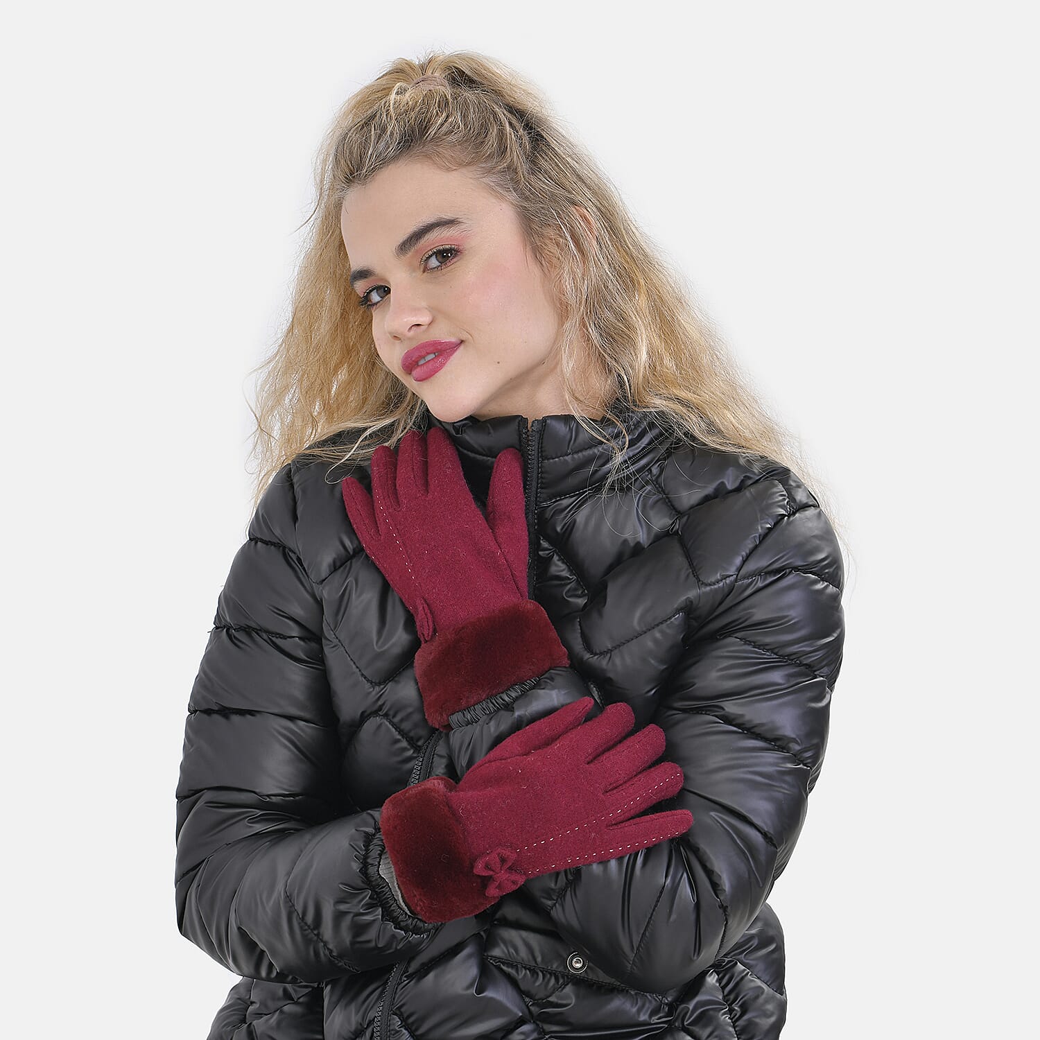 70% Cashmere Double Layer Gloves with Warm Fleece Interior & Faux Fur Trim (Touch Screen Usable)- Red