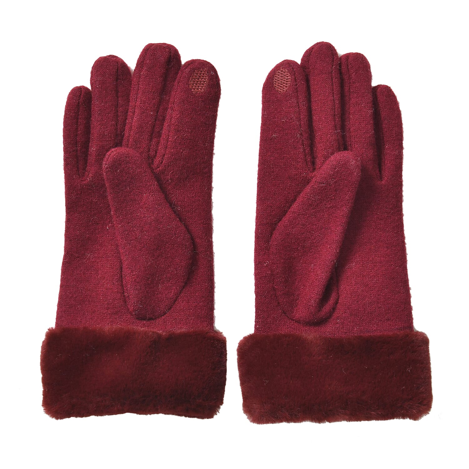 70% Cashmere Double Layer Gloves with Warm Fleece Interior & Faux Fur Trim (Touch Screen Usable)- Red