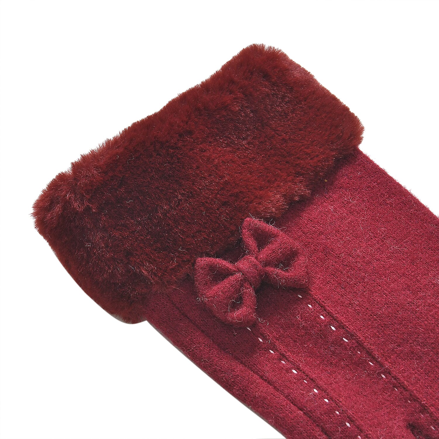 70% Cashmere Double Layer Gloves with Warm Fleece Interior & Faux Fur Trim (Touch Screen Usable)- Red