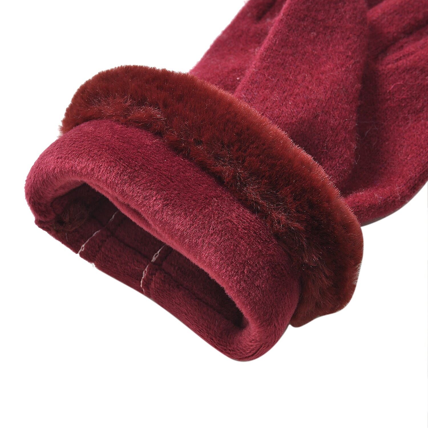 70% Cashmere Double Layer Gloves with Warm Fleece Interior & Faux Fur Trim (Touch Screen Usable)- Red
