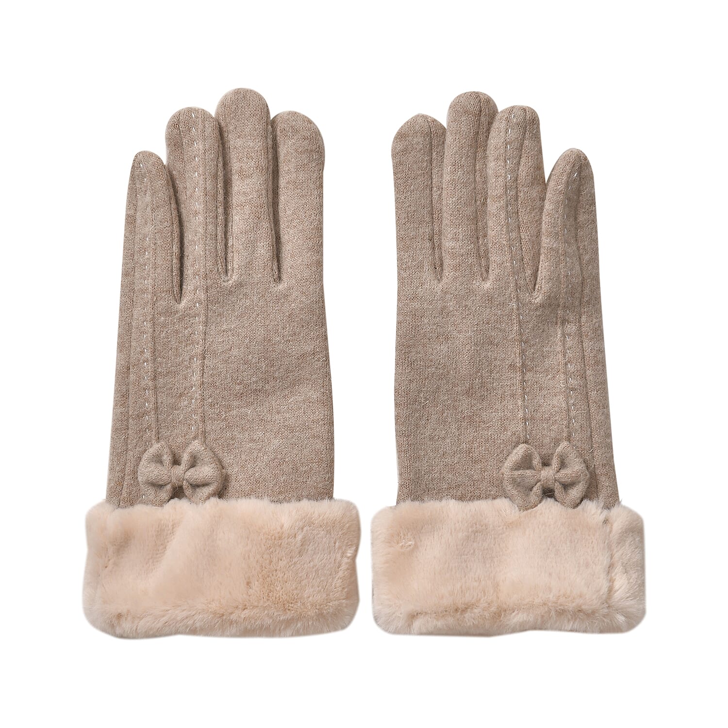 LUXURY GIFT MEGA OFFER- Cashmere Double Layer Gloves with Warm Fleece Interior & Faux Fur Trim (Touch Screen Usable)- Light Brown