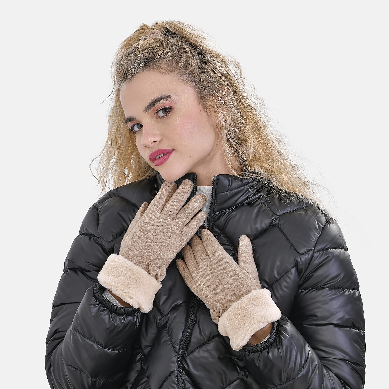 LUXURY GIFT MEGA OFFER- Cashmere Double Layer Gloves with Warm Fleece Interior & Faux Fur Trim (Touch Screen Usable)- Light Brown