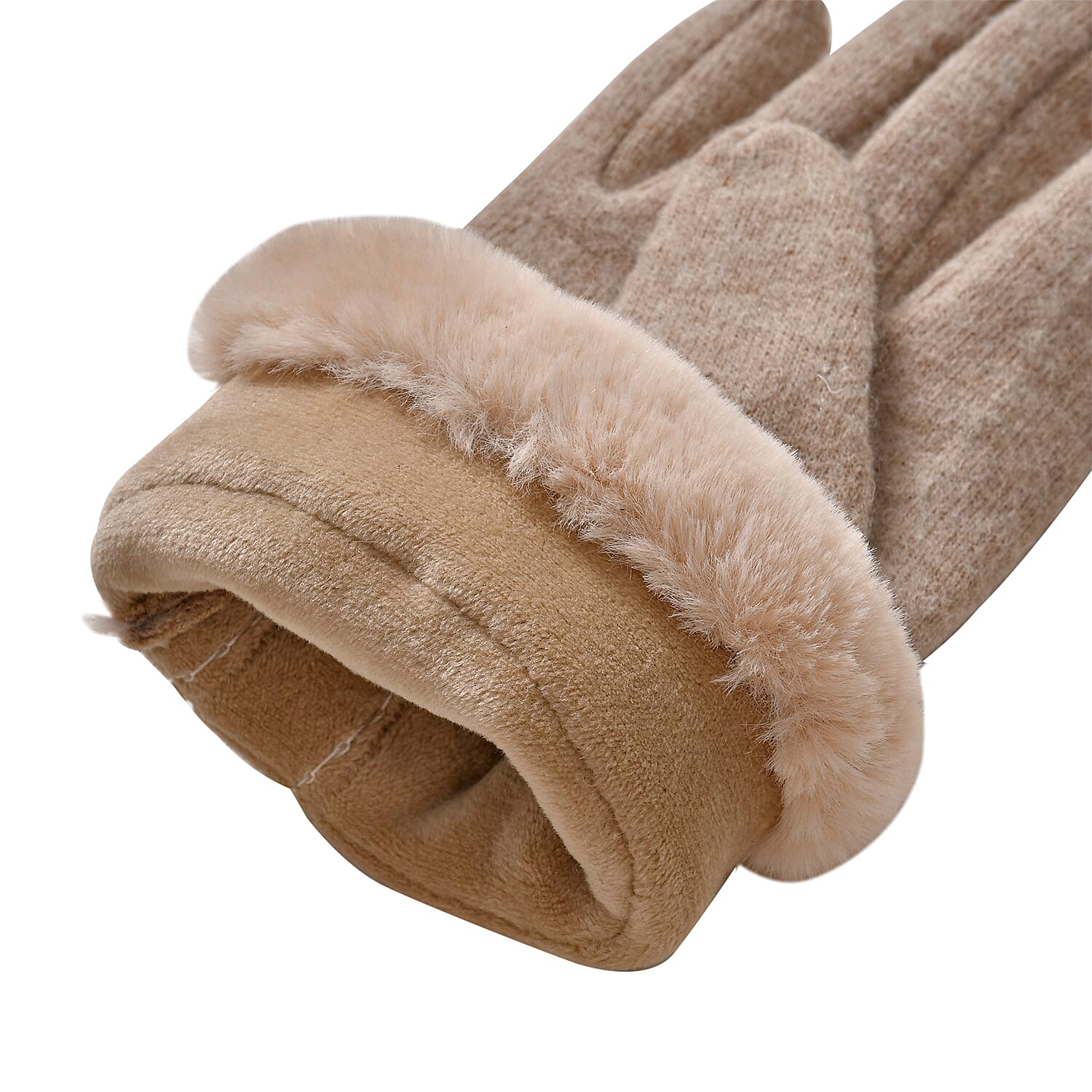 LUXURY GIFT MEGA OFFER- Cashmere Double Layer Gloves with Warm Fleece Interior & Faux Fur Trim (Touch Screen Usable)- Light Brown