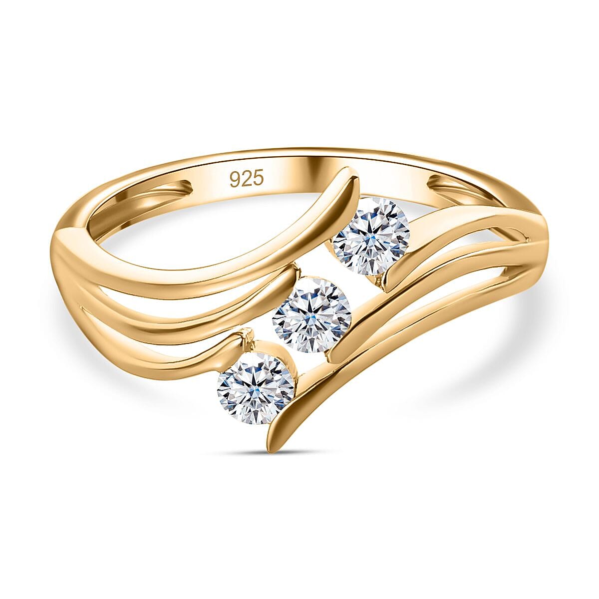 Cubic Zirconia 3 Stone Ring in 14K Yellow Gold Overlay Sterling Silver 1.05 Ct.