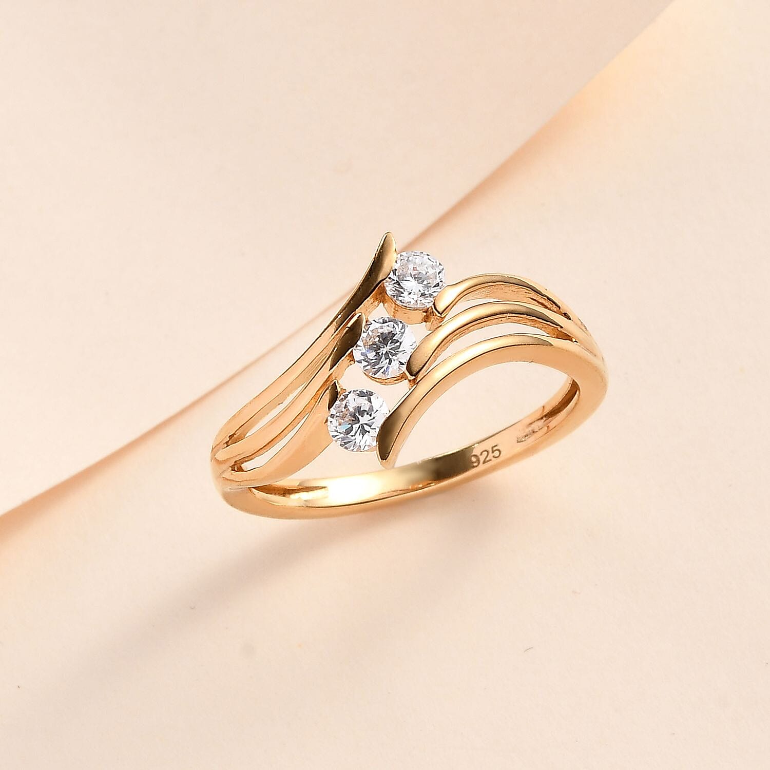 Cubic Zirconia 3 Stone Ring in 14K Yellow Gold Overlay Sterling Silver 1.05 Ct.