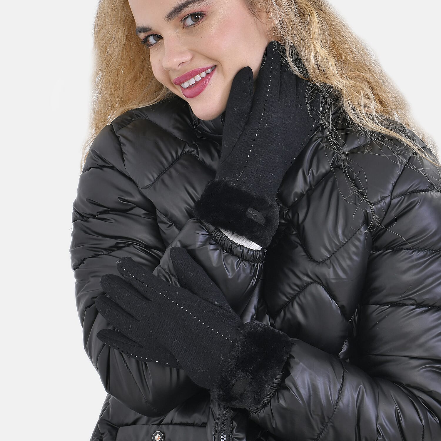 LUXURY GIFT MEGA OFFER- Cashmere Double Layer Gloves with Warm Fleece Interior & Faux Fur Trim (Touch Screen Usable)- Black