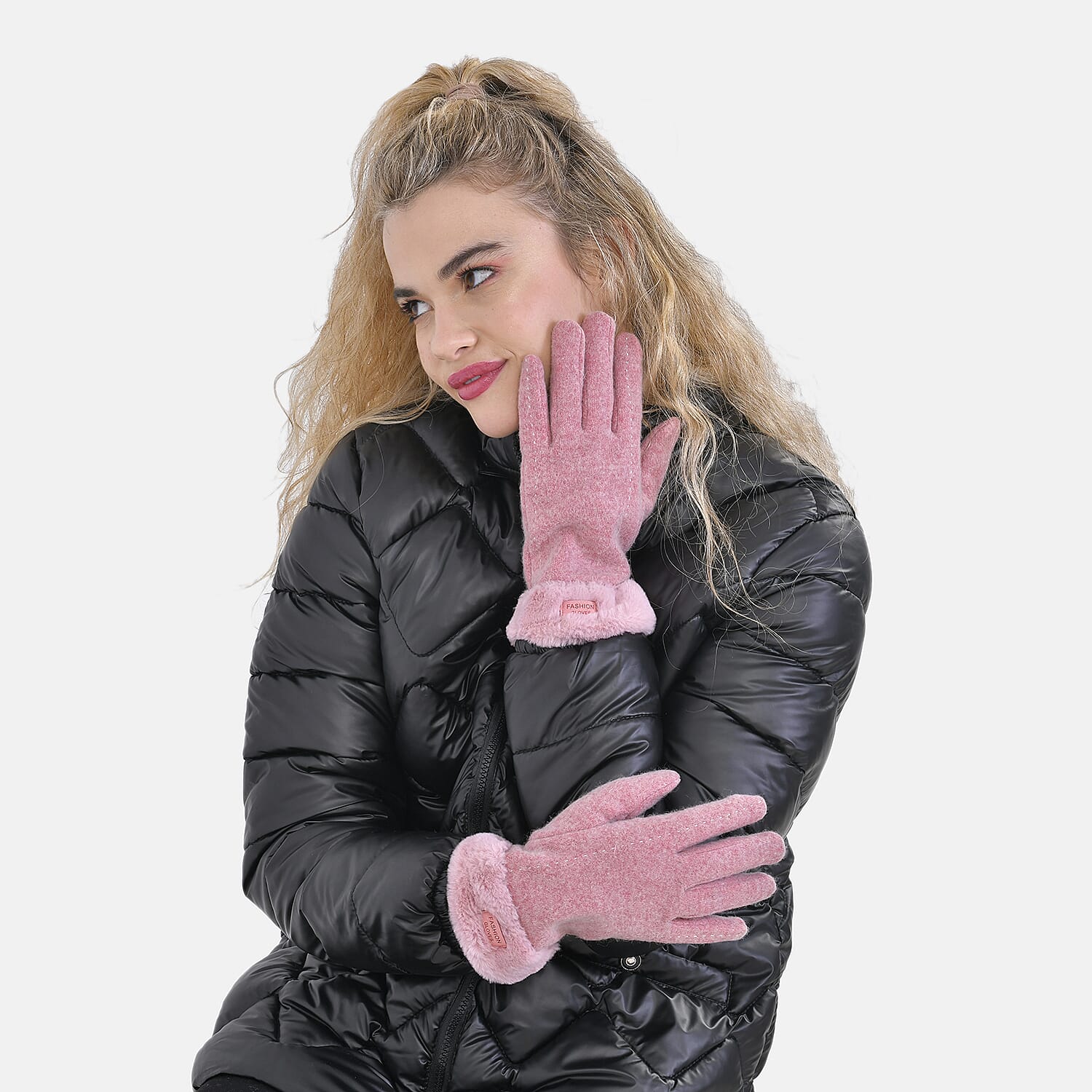 70% Cashmere Double Layer Gloves with Warm Fleece Interior & Faux Fur Trim - Pink