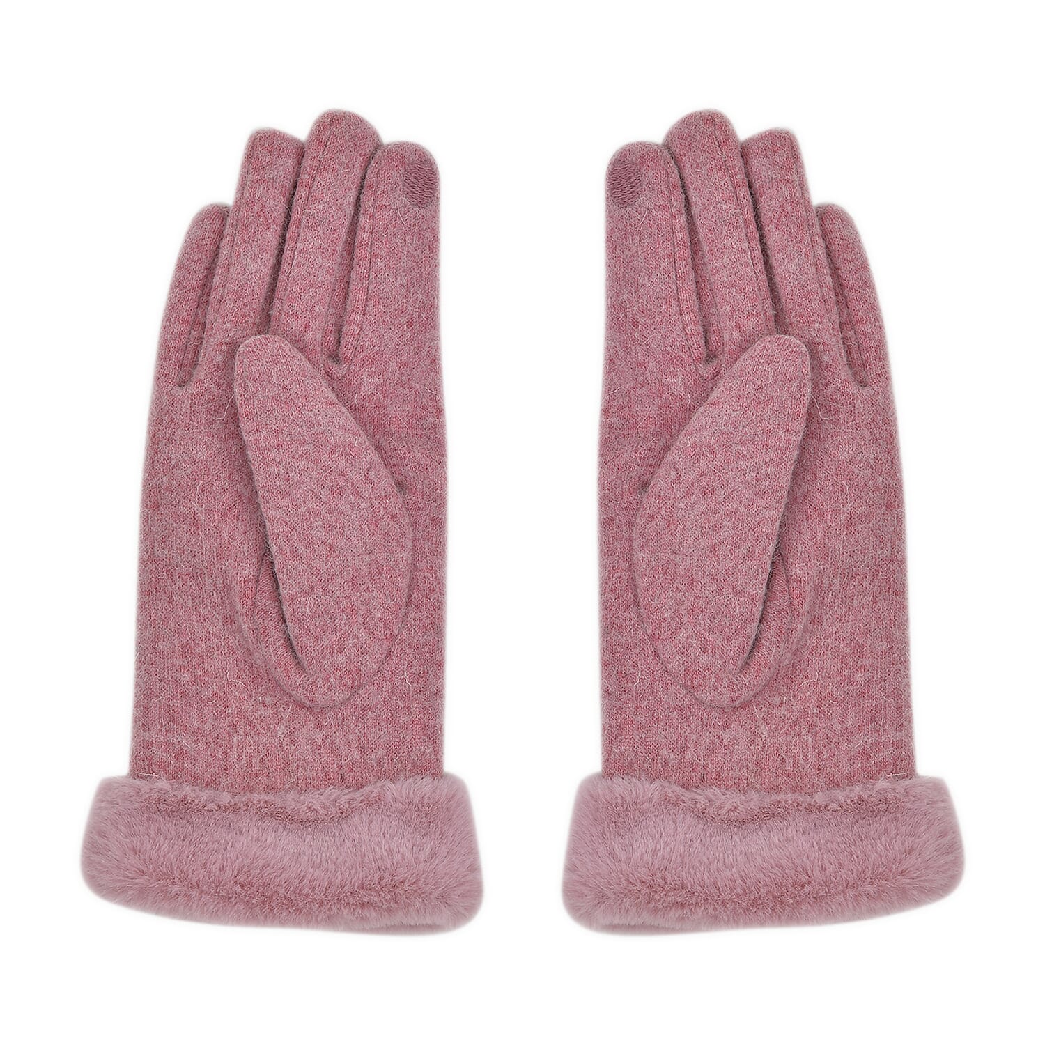 70% Cashmere Double Layer Gloves with Warm Fleece Interior & Faux Fur Trim - Pink