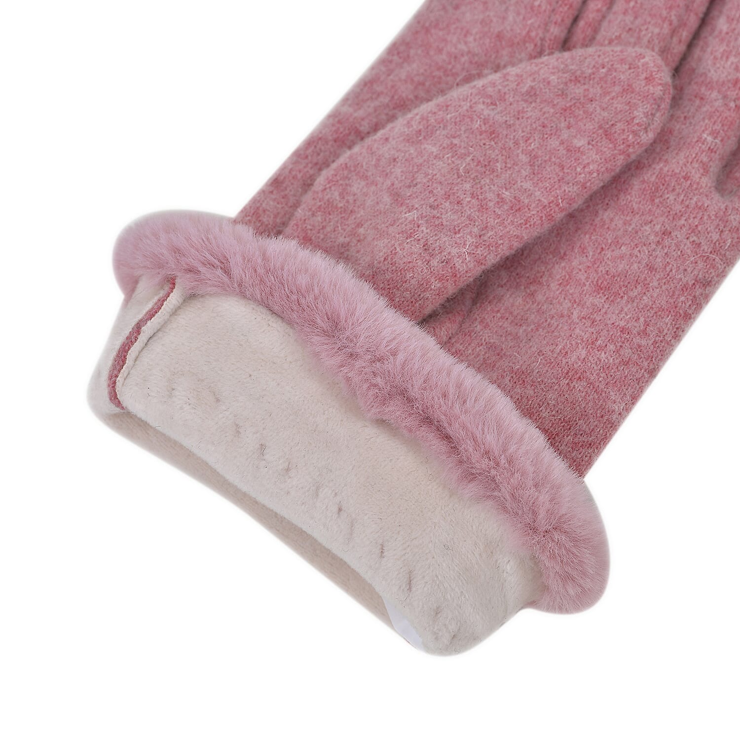 70% Cashmere Double Layer Gloves with Warm Fleece Interior & Faux Fur Trim - Pink
