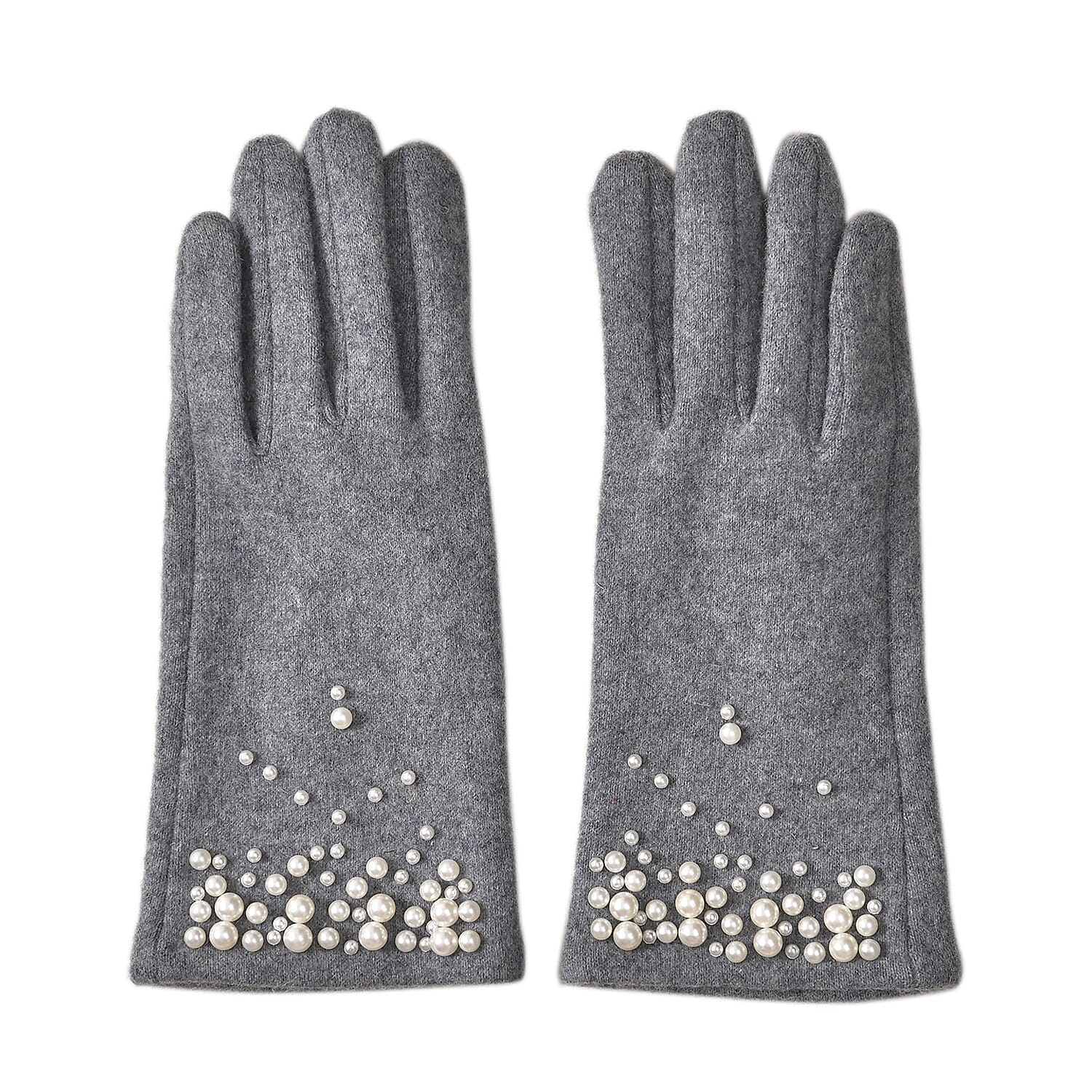 Natural Cashmere Gloves Decorated with Shiny Beads & Touch Screen Function - Grey