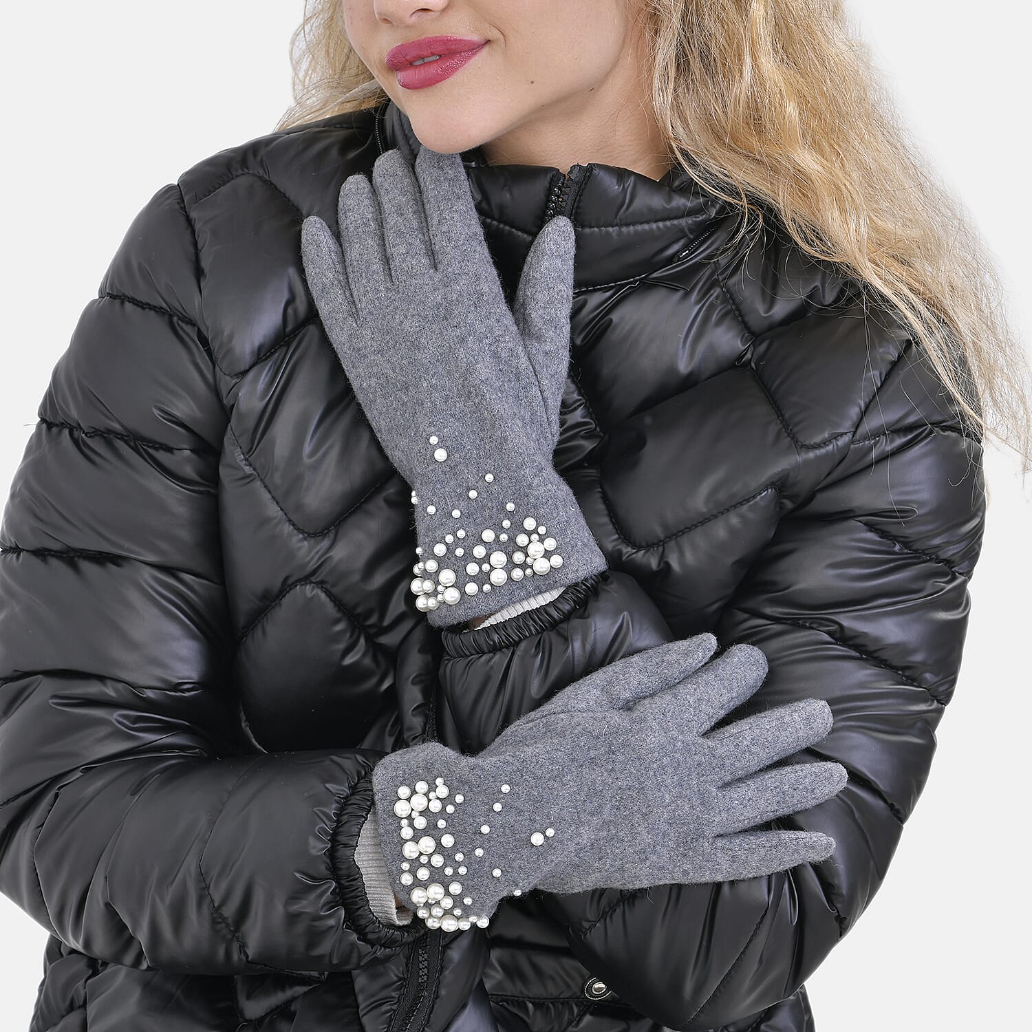 Natural Cashmere Gloves Decorated with Shiny Beads & Touch Screen Function - Grey