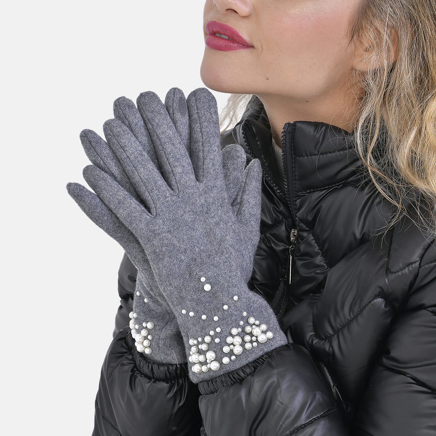 Natural Cashmere Gloves Decorated with Shiny Beads & Touch Screen Function - Grey