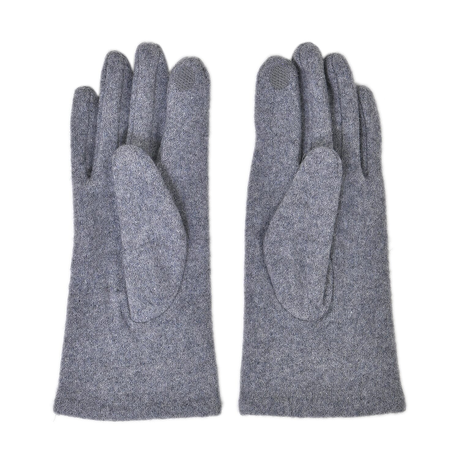 Natural Cashmere Gloves Decorated with Shiny Beads & Touch Screen Function - Grey