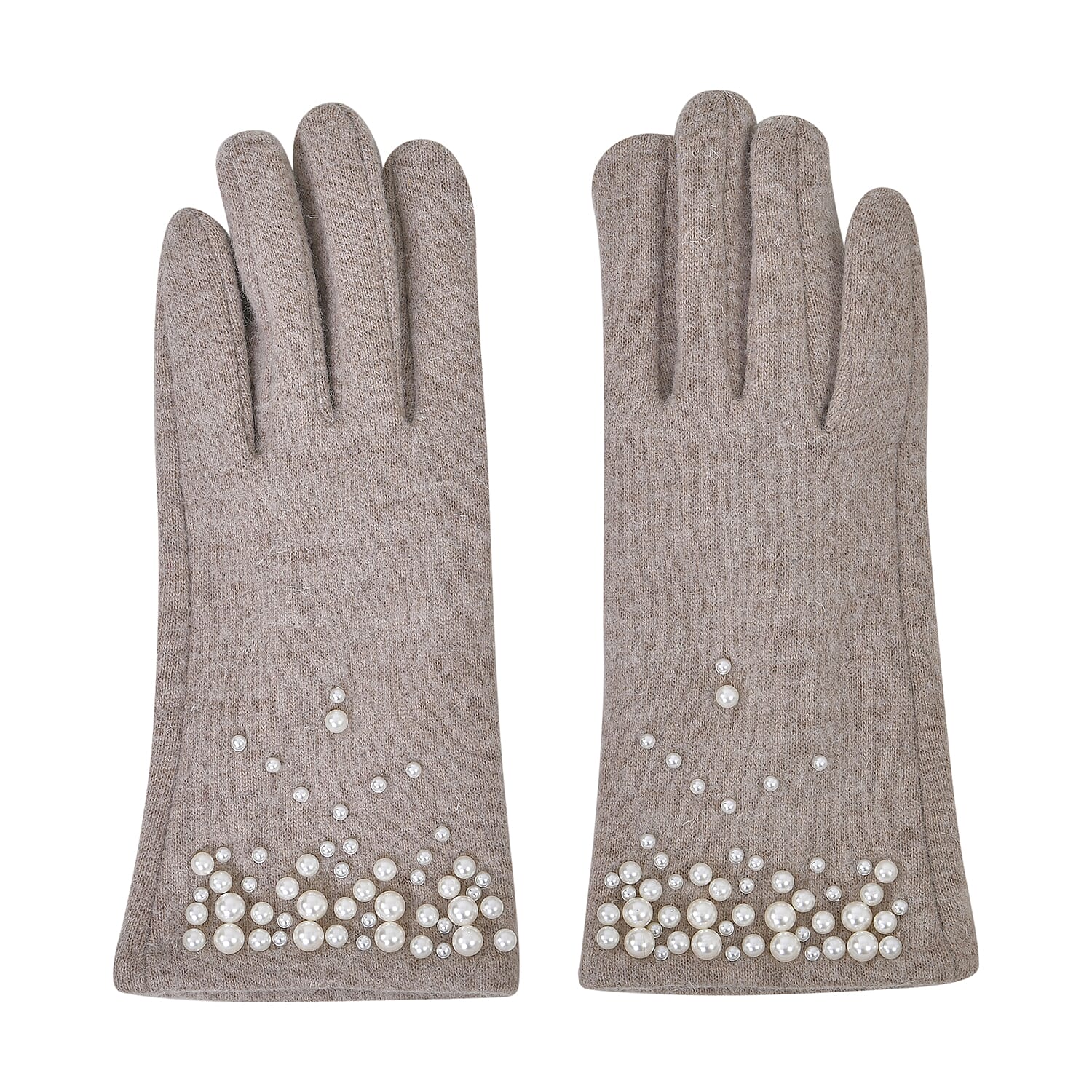 Cashmere Gloves Decorated with Shiny Beads & Touch Screen Function  - Beige