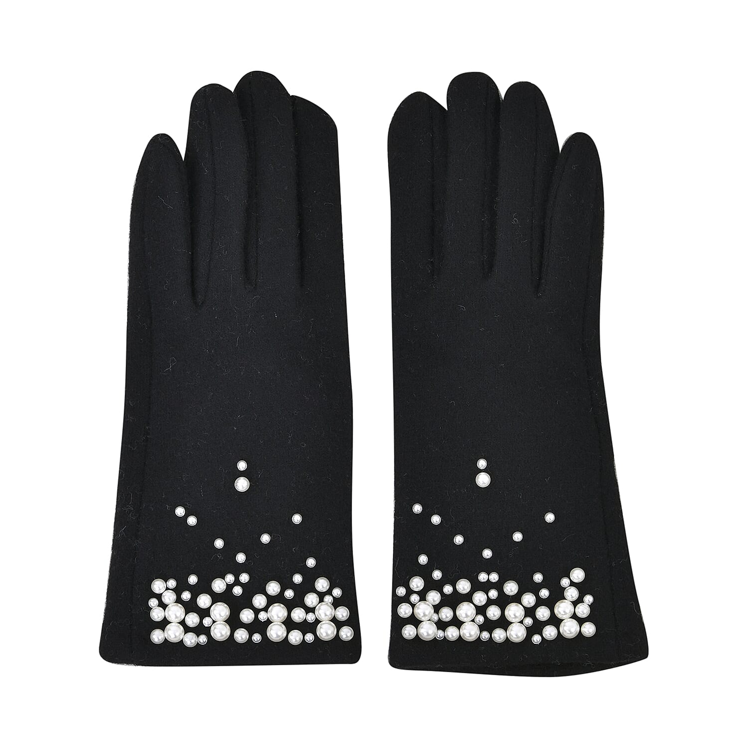 Cashmere Gloves Decorated with Shiny Beads & Touch Screen Function - Black