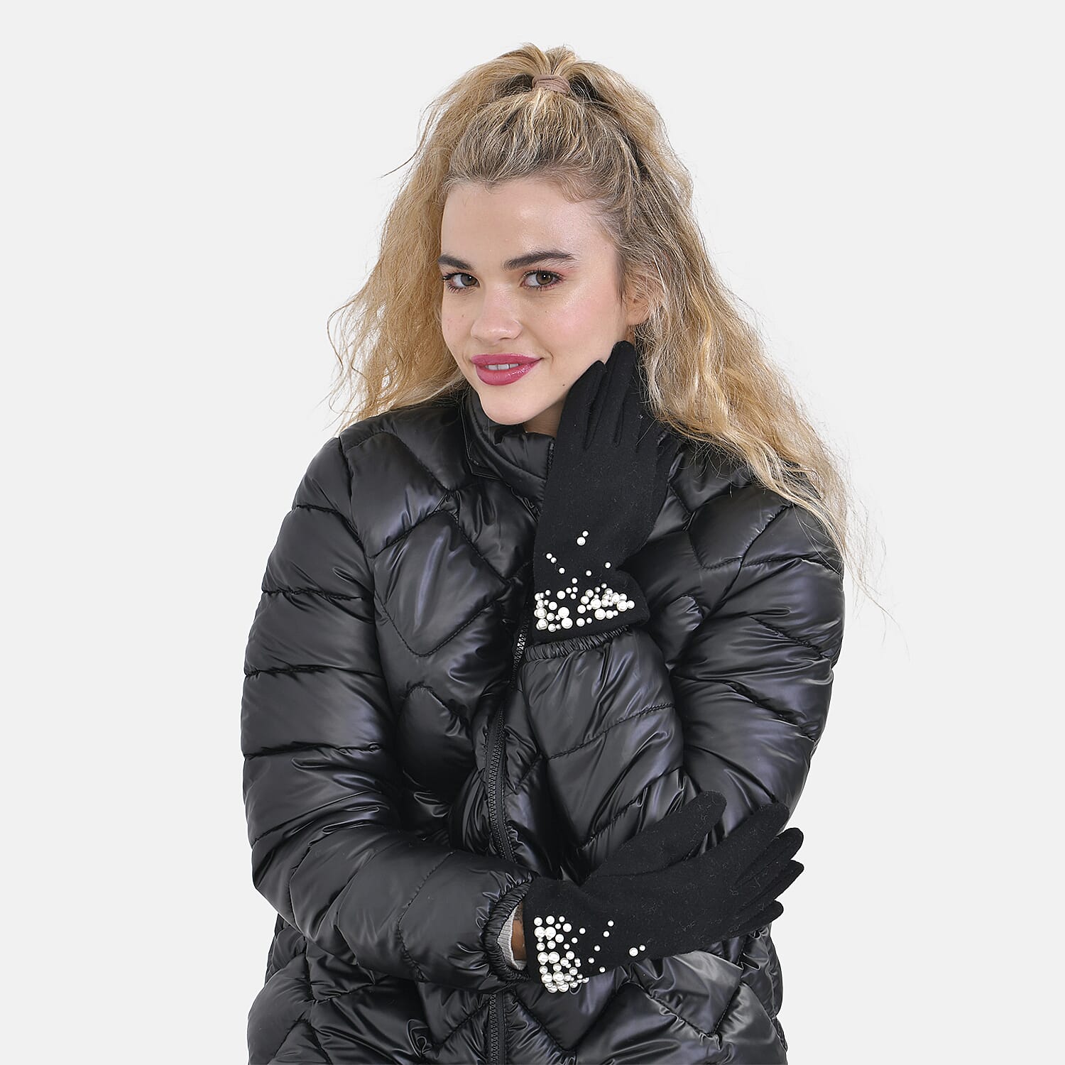 Cashmere Gloves Decorated with Shiny Beads & Touch Screen Function - Black