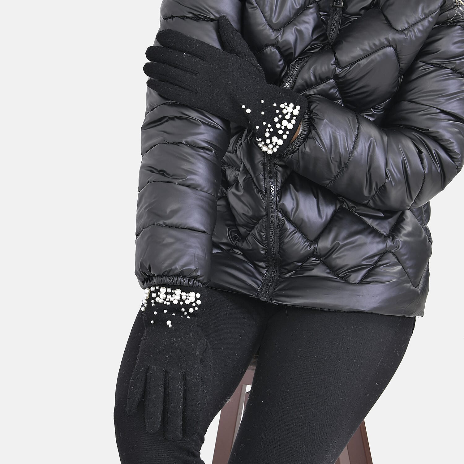 Cashmere Gloves Decorated with Shiny Beads & Touch Screen Function - Black