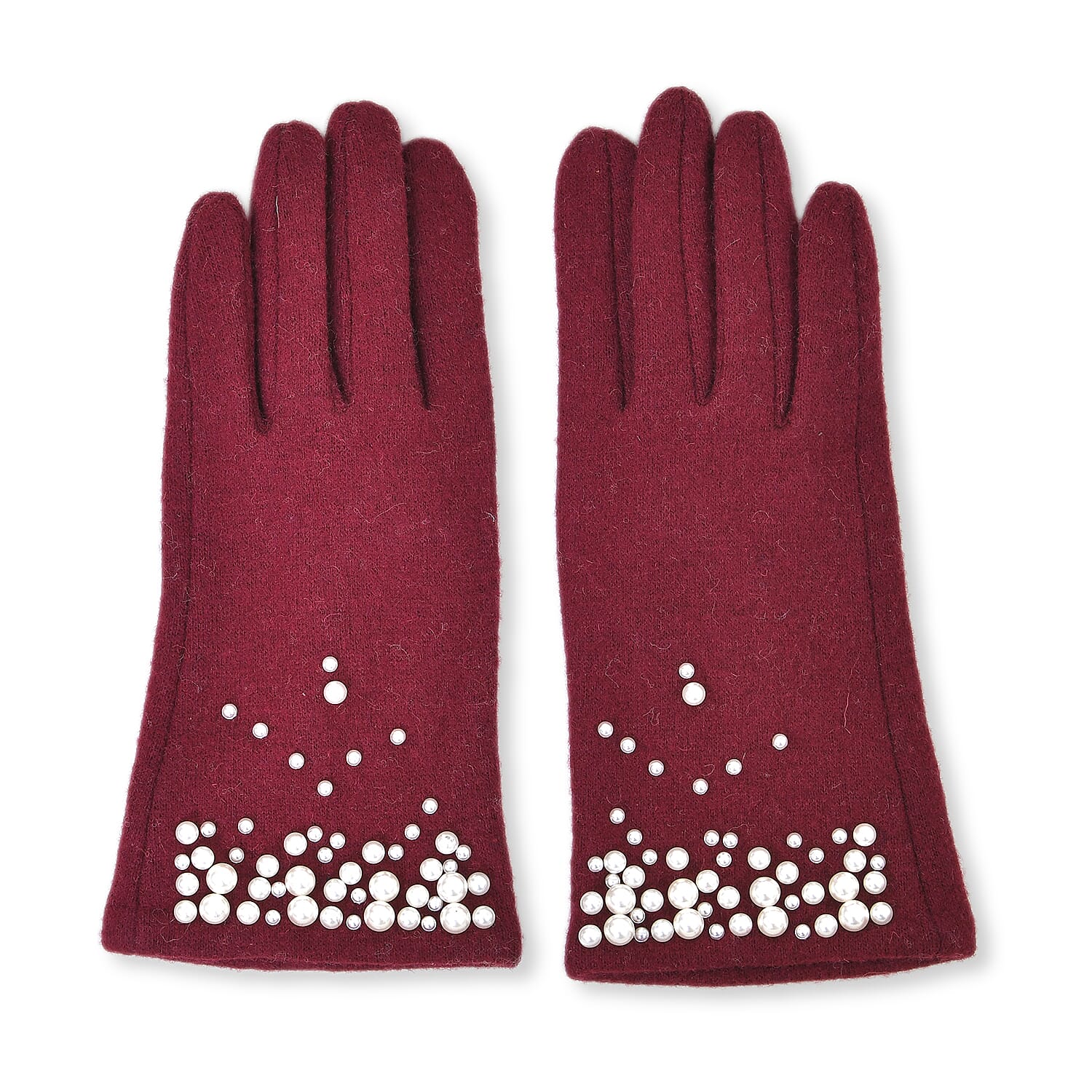 Cashmere Gloves Decorated with Shiny Beads & Touch Screen Function - Burgundy