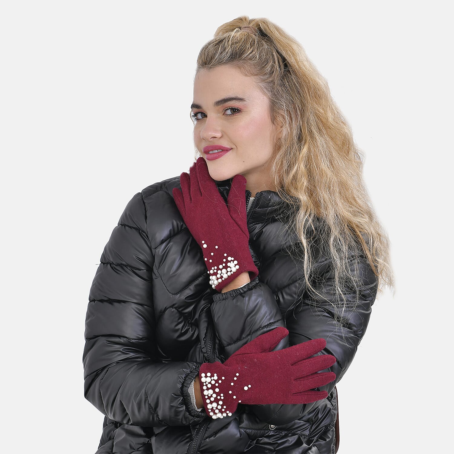 Cashmere Gloves Decorated with Shiny Beads & Touch Screen Function - Burgundy