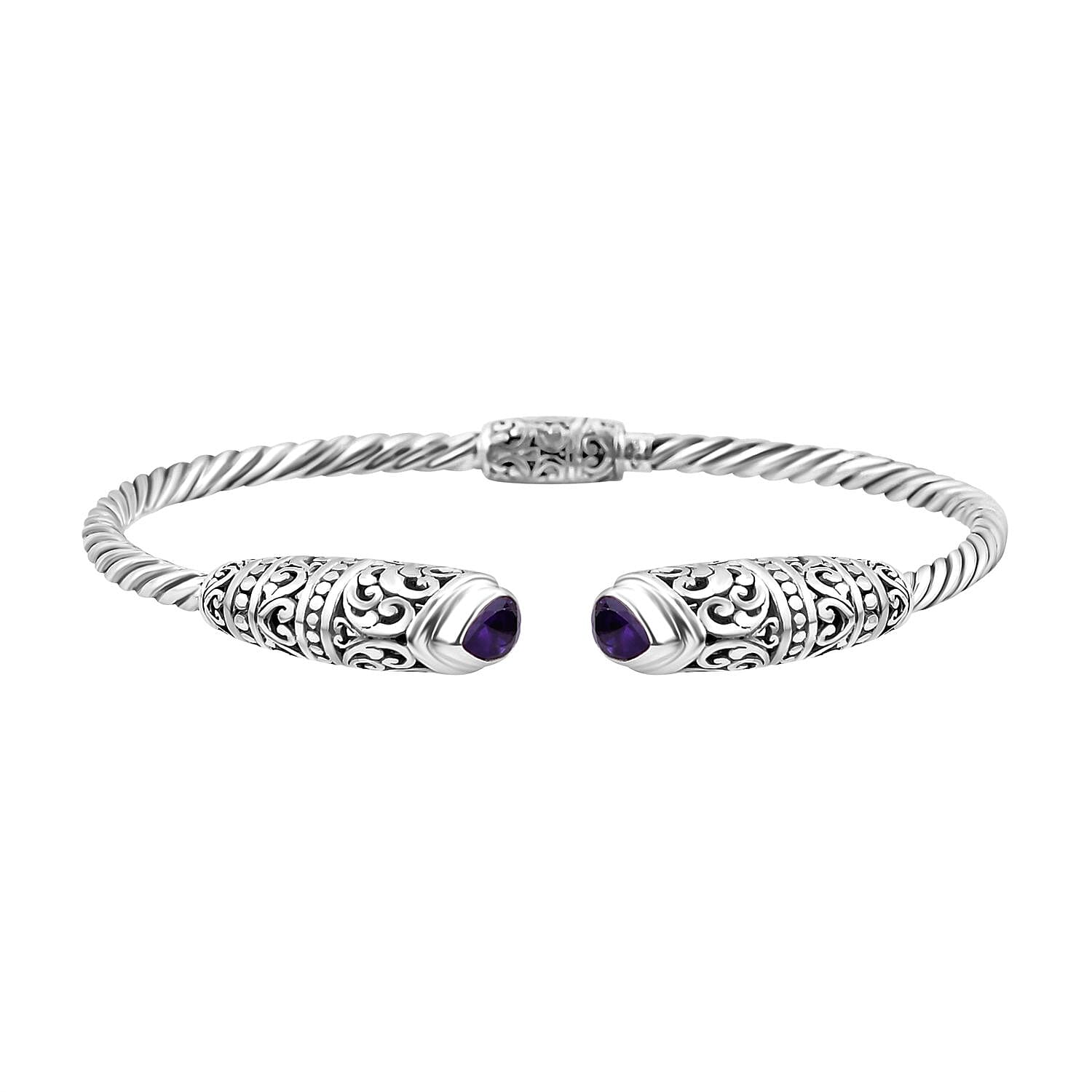 Royal Bali Collection Amethyst Cuff Bangle (Size - 7.50) in Sterling Silver 1.50 Ct, Silver Wt. 16.00 Gms
