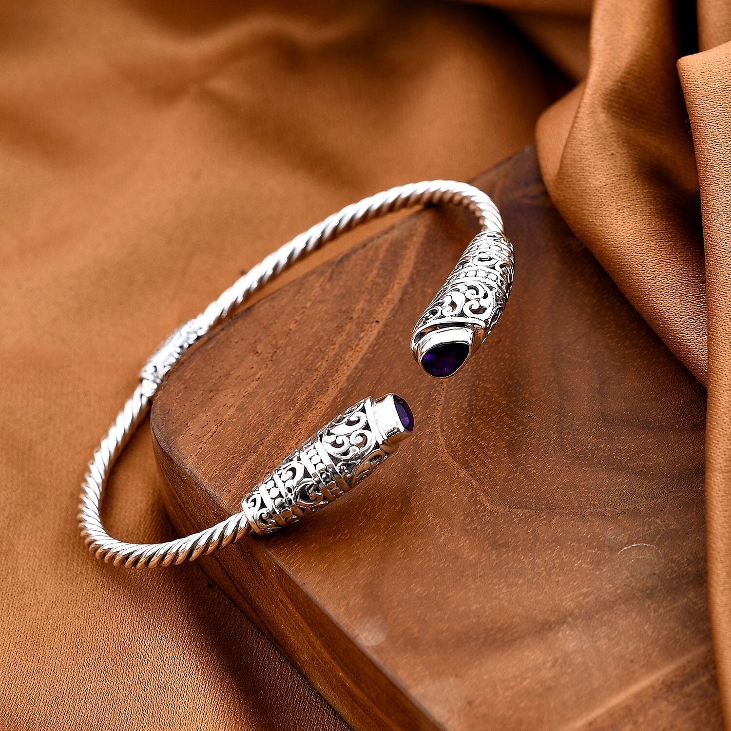 Royal Bali Collection Amethyst Cuff Bangle (Size - 7.50) in Sterling Silver 1.50 Ct, Silver Wt. 16.00 Gms