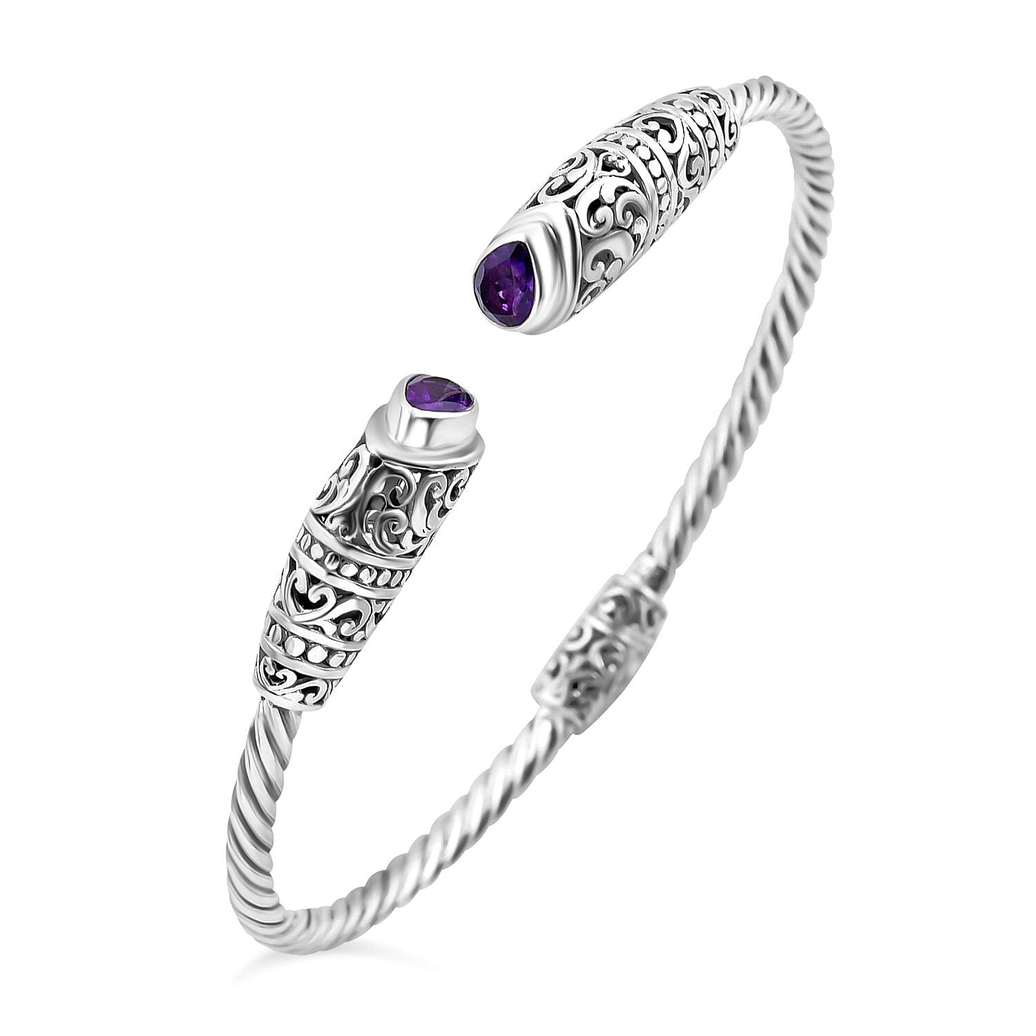 Royal Bali Collection Amethyst Cuff Bangle (Size - 7.50) in Sterling Silver 1.50 Ct, Silver Wt. 16.00 Gms