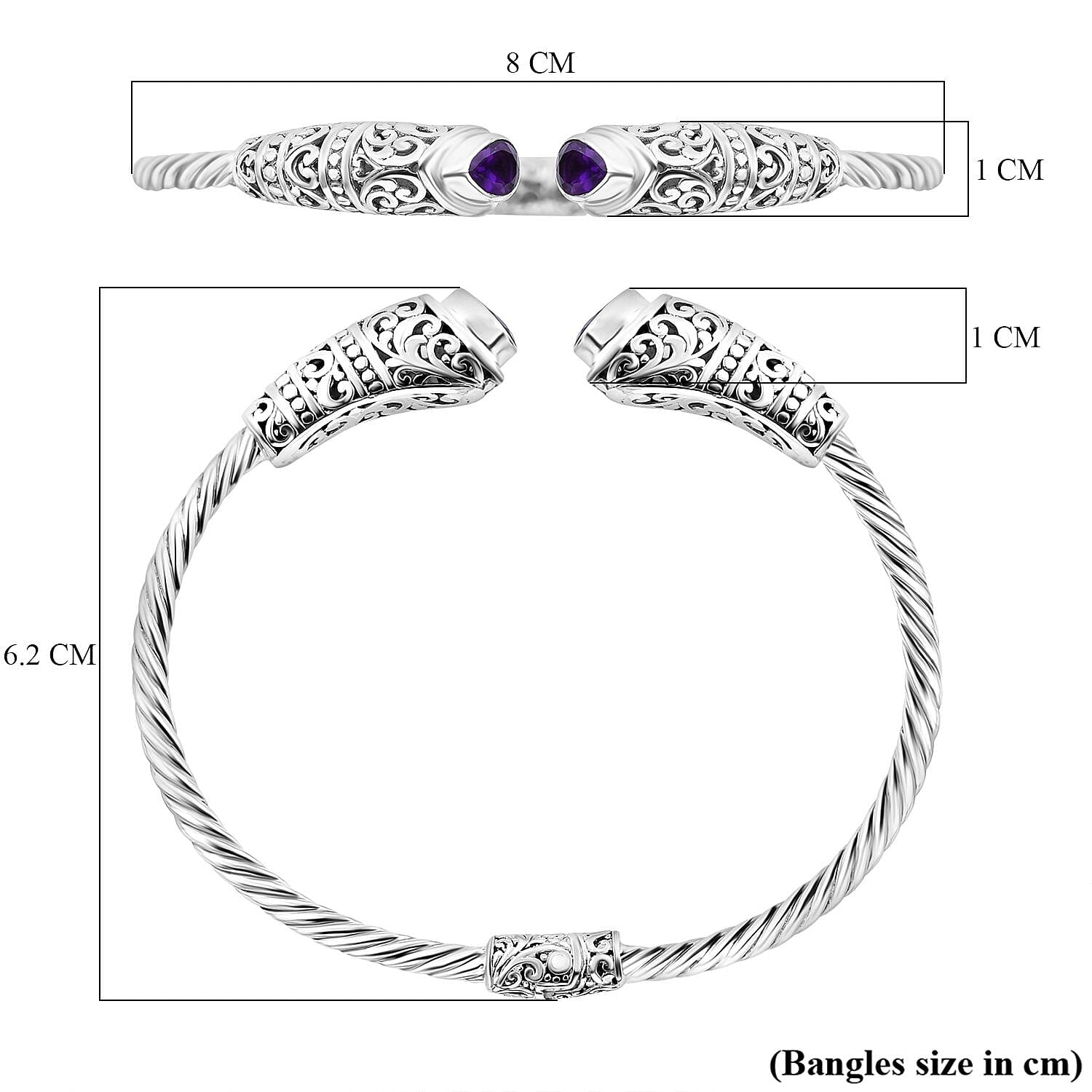 Royal Bali Collection Amethyst Cuff Bangle (Size - 7.50) in Sterling Silver 1.50 Ct, Silver Wt. 16.00 Gms