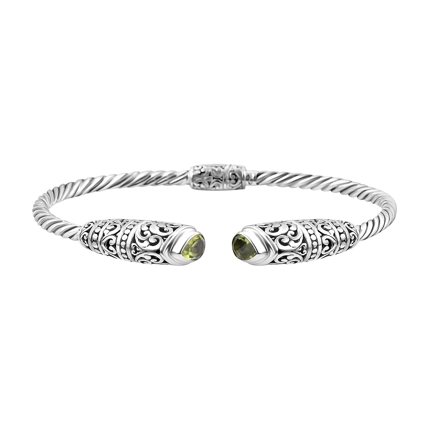 Royal Bali Collection Hebei Peridot Cuff Bangle (Size - 7.50) in Sterling Silver 1.50 Ct, Silver Wt. 16.00 Gms