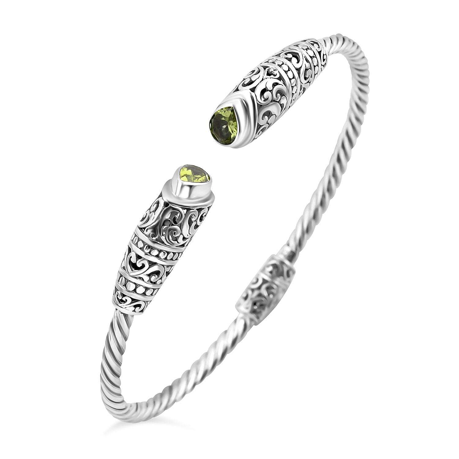 Royal Bali Collection Hebei Peridot Cuff Bangle (Size - 7.50) in Sterling Silver 1.50 Ct, Silver Wt. 16.00 Gms