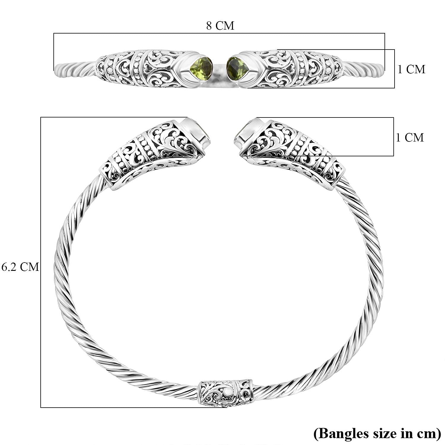 Royal Bali Collection Hebei Peridot Cuff Bangle (Size - 7.50) in Sterling Silver 1.50 Ct, Silver Wt. 16.00 Gms