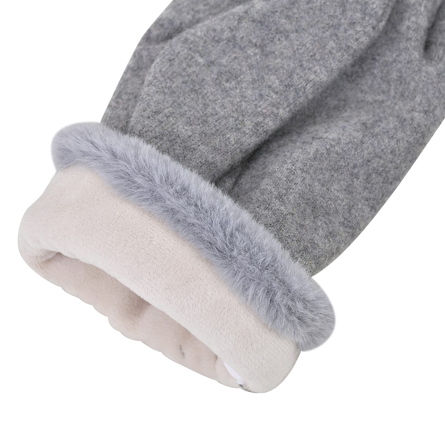 Cashmere Wool and Fine Fleece Touch Screen Gloves with Faux Fur Trim -  Grey