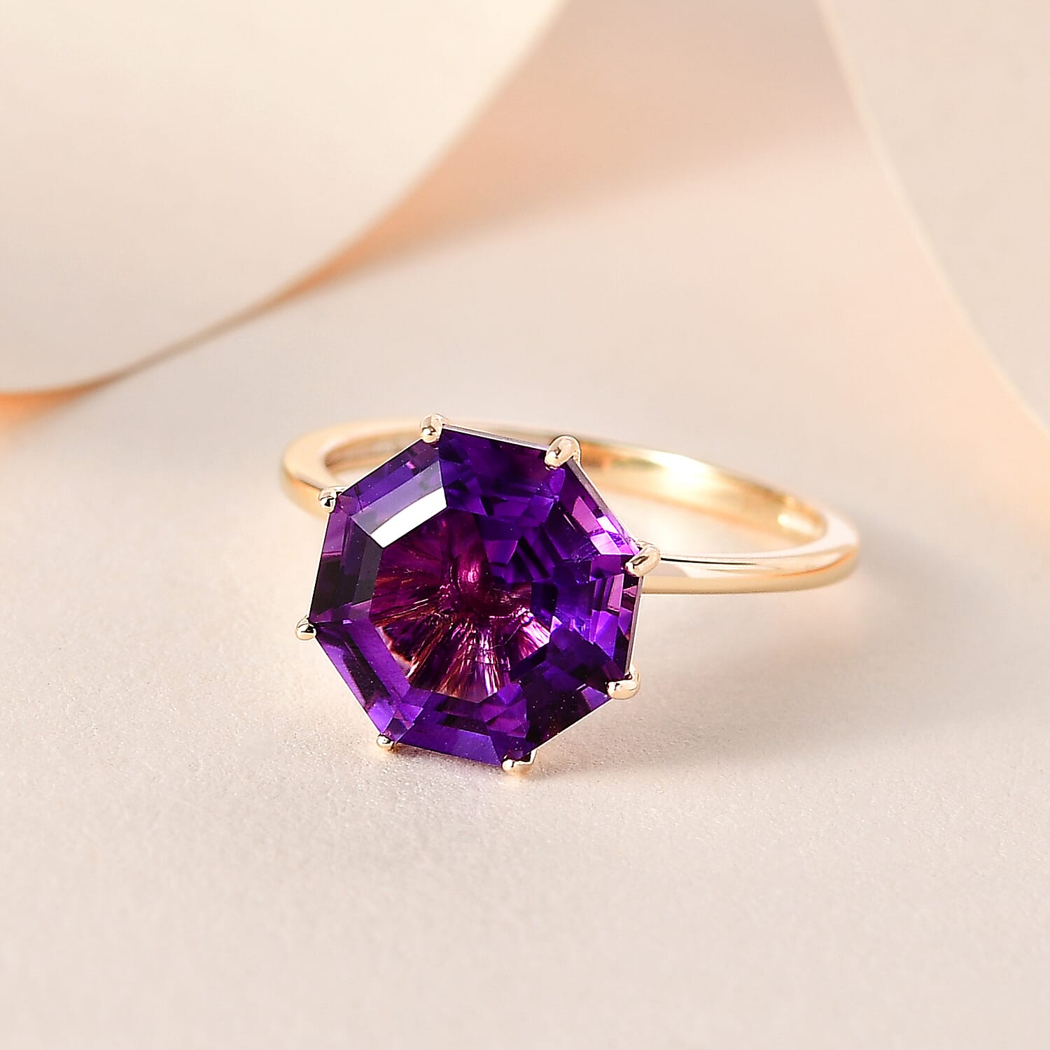 9K Yellow Gold Moroccan Amethyst & Moissanite Ring 4.17 Ct.