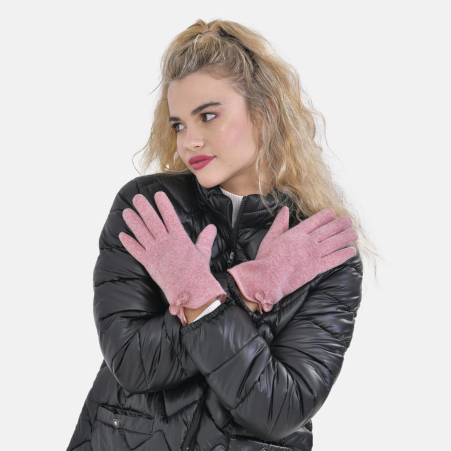 Cashmere Touch Screen Gloves with Decorative Bowknot - Pink