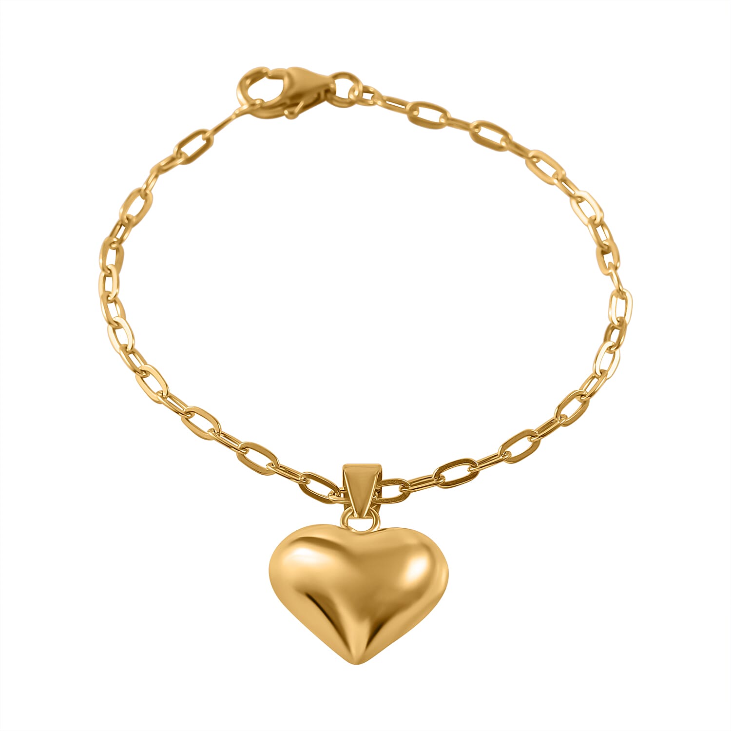 Designer CloseOut- Gold Overlay Sterling Silver Heart Bracelet with Paper Clip Link Chain (Size - 7.5), Silver Wt. 6.5 Gms