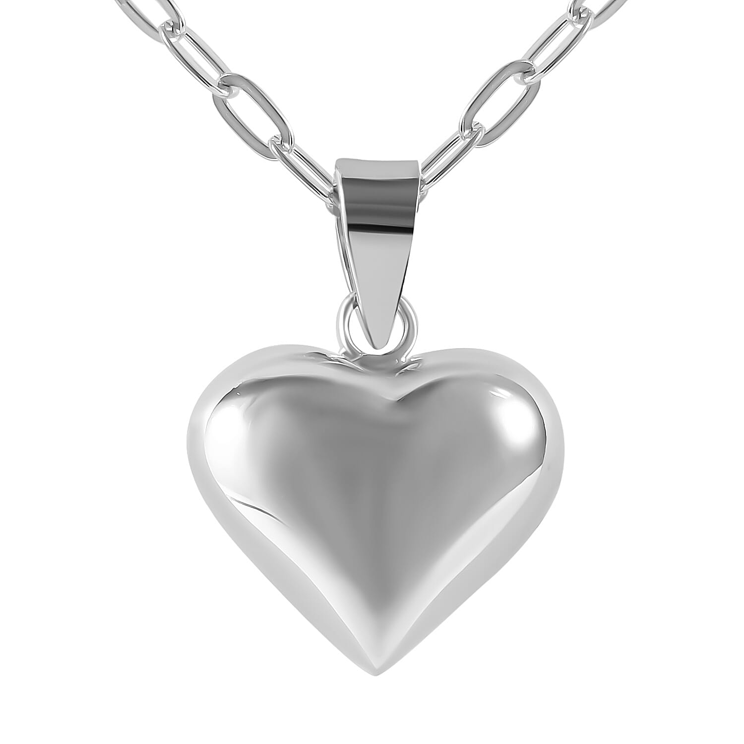 Designer CloseOut- Platinum Overlay Sterling Silver Heart Necklace with Paper Clip Link Chain (Size - 20), Silver Wt. 9.45 Gms