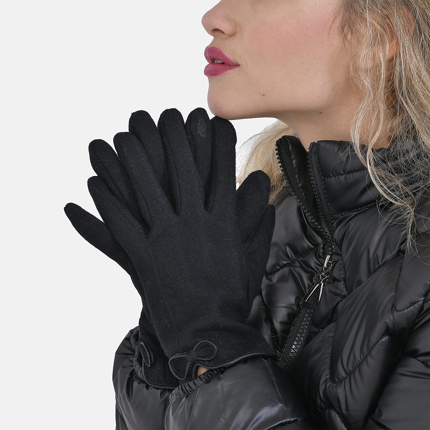 Cashmere Touch Screen Gloves with Decorative Bowknot - Black