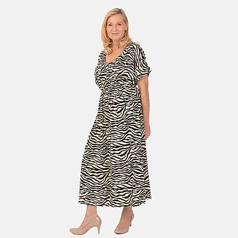 TAMSY 100% Viscose Printed Dress with Elastic At Waist (One Size) - Beige - Black