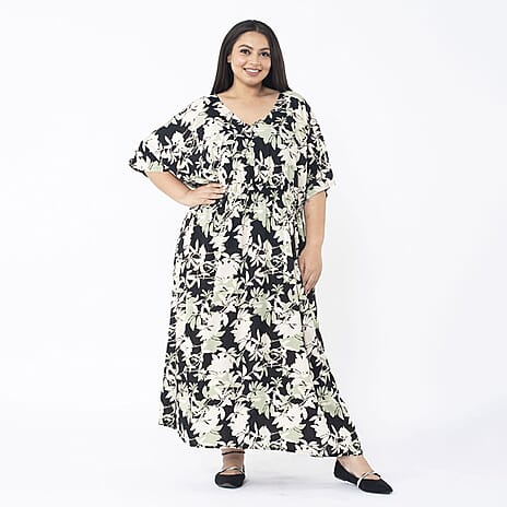 TAMSY 100% Viscose Floral Printed Dress with Elastic at Waist (One Size) - Black