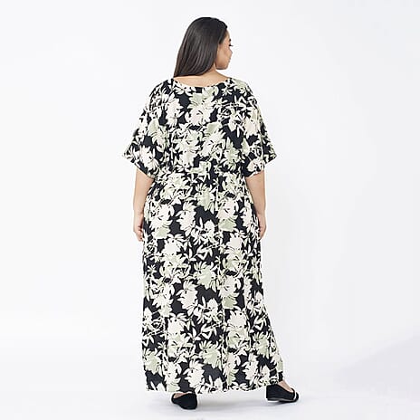 TAMSY 100% Viscose Floral Printed Dress with Elastic at Waist (One Size) - Black