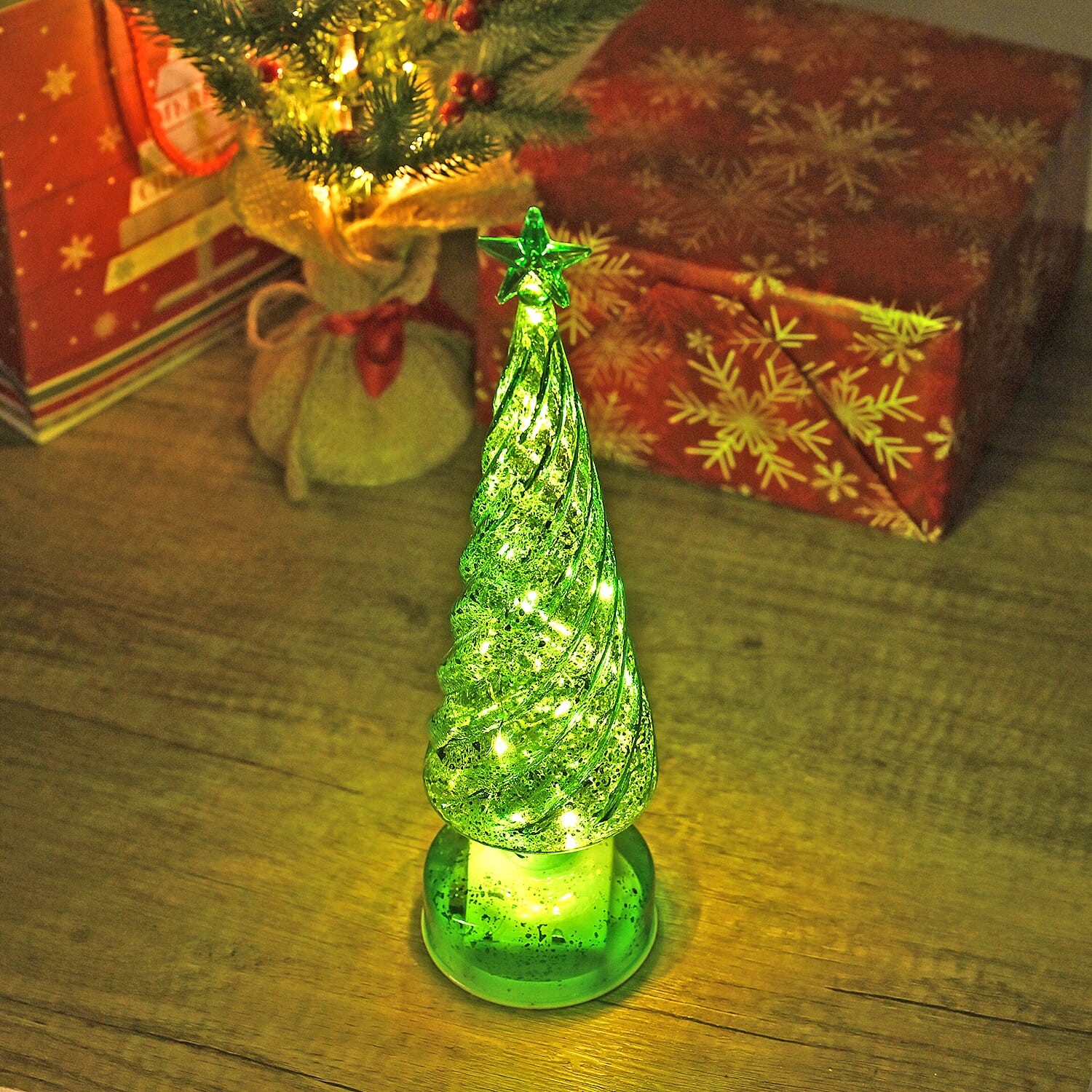 Tapered Glass LED Lighted Conical Christmas Tree With Electroplating Thread & Shimmering Star (3xAA, Not Incl.) - Green