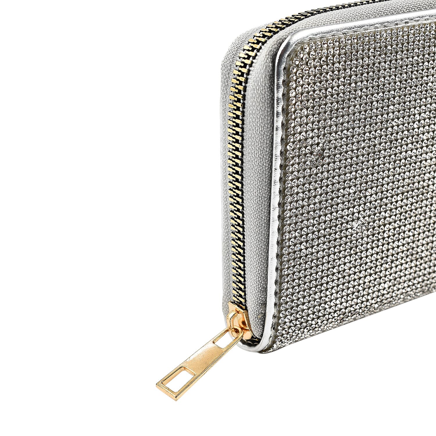 Crystal Studded Purse With Zipped Closure - Silver
